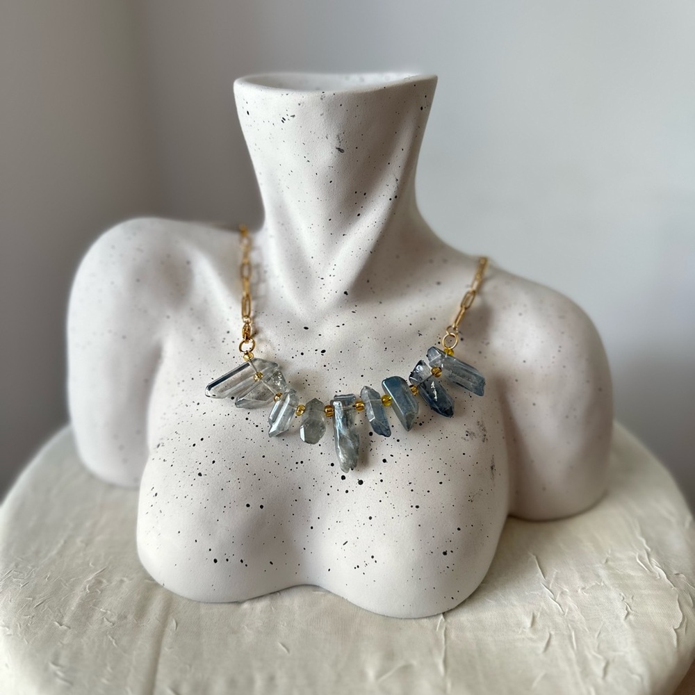 18K GOLD PLATED PAPERCLIP NECKLACE SMOKEY BLUE QUARTS 20.75” - Picture 3 of 7